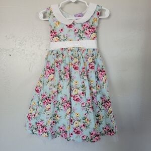 Joe Ella Toddler Girl 3 Aqua Blue Floral Dress 50s Vintage Inspired Collared Tie